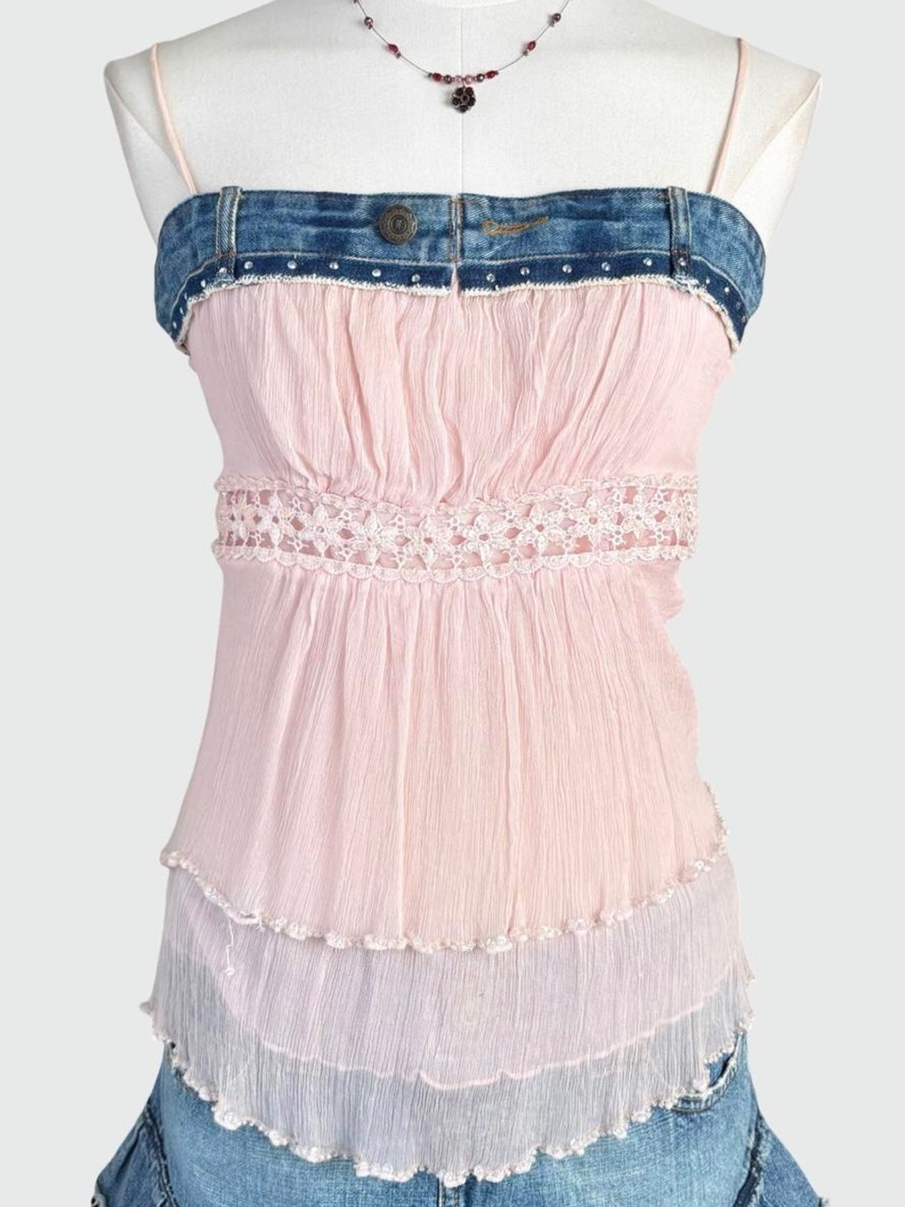 Pink Spaghetti Strap Waist Tiered Babydoll Tank Top